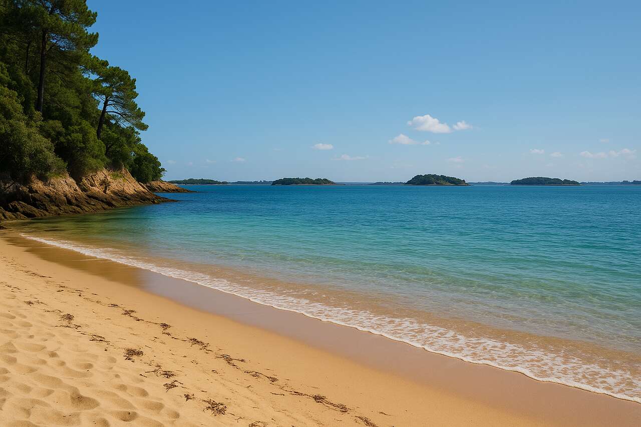 La perle du Golfe du Morbihan : une plage discrète offrant une vue imprenable sur les îles (Plage de Port Blanc, Baden)