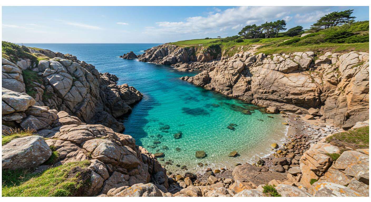 Accessible uniquement par le sentier GR34, cette crique bretonne est une piscine naturelle cachée (Crique de l'Île Vierge, Crozon)
