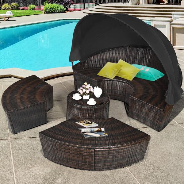 LIFEZEAL Transat Jardin Extérieur avec Coussin et 3 Oreillers, Bain de Soleil Rond avec Toit, Table Basse Réglable en Hauteur, Canapé-lit, Charge 360kg, Chaise Longue pour Piscine, Terrasse (Noir)