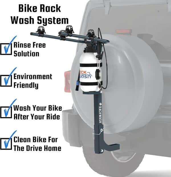 RackWash Porte-vélos pour voiture et camion – et système de lavage – Attelage de remorquage standard de 5,1 cm – Comprend un pulvérisateur dégraissant et une solution de lavage – Excellent porte-vélos