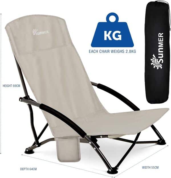 SUNMER Lot de 2 chaises de Plage Pliantes avec Poche latérale et Sac de Transport – Chaise de Camping Basse Pliable, compacte, légère, Portable, capacité de 120 kg – Gris