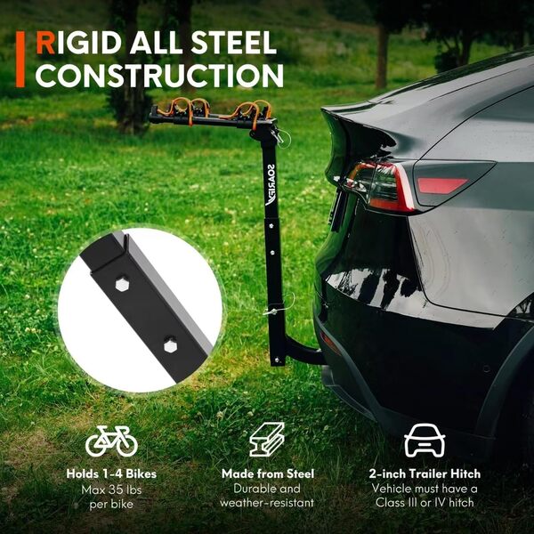 Soarify Porte-vélos pour voiture, VUS, RV, support d'attelage arrière 4, jusqu'à 64,9 kg de charge en caoutchouc, libération d'inclinaison avec attelage de 5,1 cm pour voitures (2 vélos)