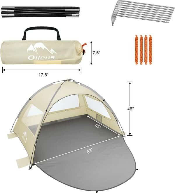 Oileus Tente de plage portable pour 2 à 3 personnes - Protection UV - Ventilation prolongée au sol - Fenêtres enroulables - Sac de transport - 6 poches de sable - Pour pêche, randonnée, camping, kaki