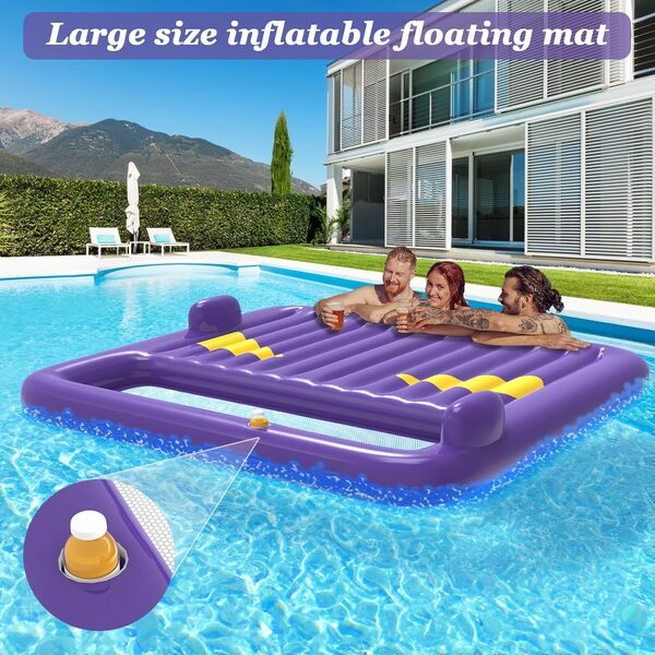 Flotteur gonflable de bronzage pour adultes, grand flotteur de piscine gonflable de 180,3 x 180,3 cm avec appuie-tête et porte-gobelet, tapis de bain de soleil, tapis de lit rempli d'eau pour piscine