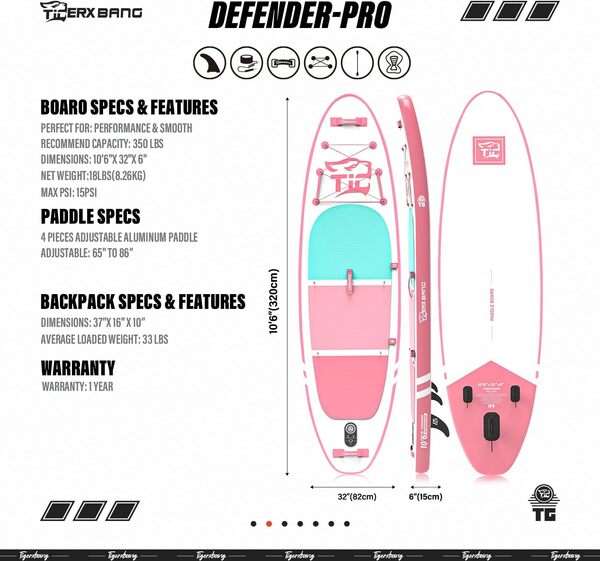 TIGERXBANG Stand Up Paddle Boards 305 x 80 x 15 cm avec accessoires de planche SUP de qualité supérieure, planches gonflables pour adultes/enfants avec double pagaie, siège kayak, sac à dos et leash