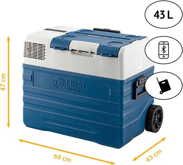 TZS First Austria Glacière compresseur | 43 l | -20 °C à +20 °C | Max/Eco | Éclairage intérieur | Port USB | Fonction chariot et poignées de transport | Bleu [Classe énergétique D]