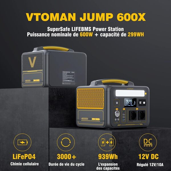VTOMAN Jump 600X Station électrique Portable 600W - 299Wh Generateur Electrique Portable LiFePO4 Batterie Générateur, Dual PD 60W Typ-C Sortie, Capacité Extensible à 939Wh pour Camping Extérieur