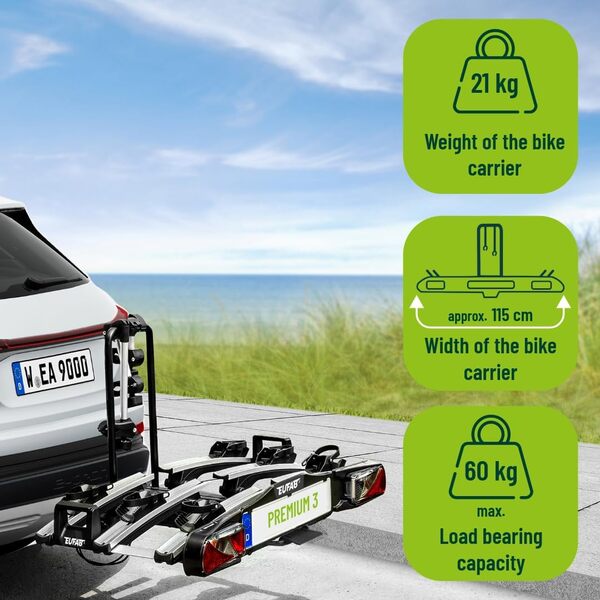 EUFAB Porte-Vélos Eufab 11522 Premium Pour 3 Vélos, Pour Attache de Remorque, Pliable, Pour 3 Vélos