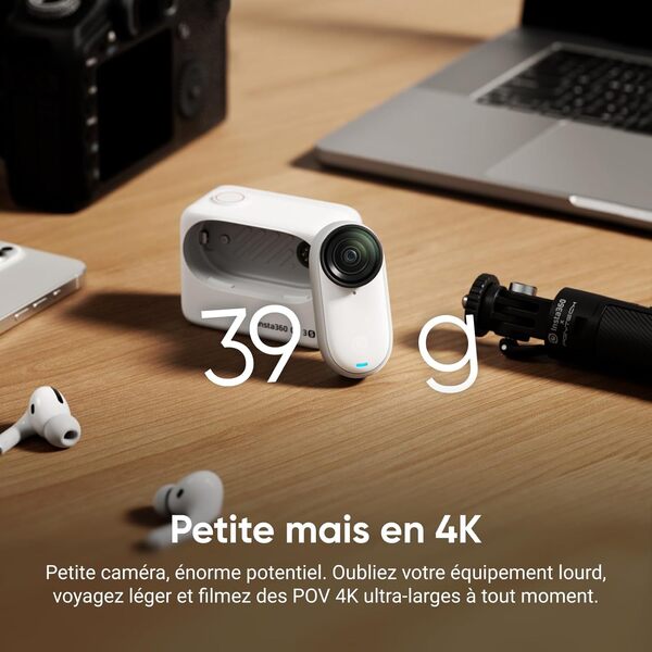 Insta360 GO 3S Noir Minuit (128GB) - Petite caméra de vlog 4K, POV Mains Libres, Montage Partout, stabilisation, 140 Min d'autonomie, étanche à 10 m, édition IA, pour Voyage, vlog