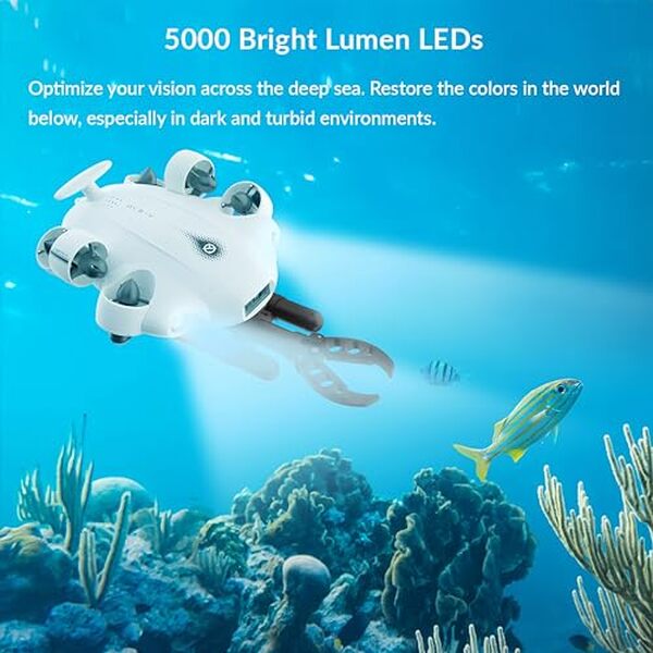 Explorez en détail le drone sous-marin camolech fifish v-evo 4k, doté d'un bras robotisé pour une expérience aquatique innovante et captivante.