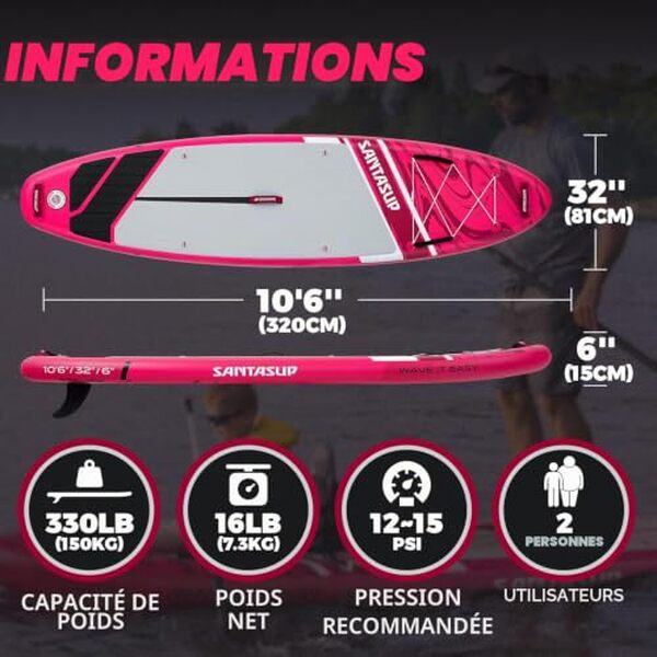 Découvrez notre test complet de la planche à pagaie gonflable Santasup 3, 05 m rose : caractéristiques, performances et avis pour bien choisir votre SUP.