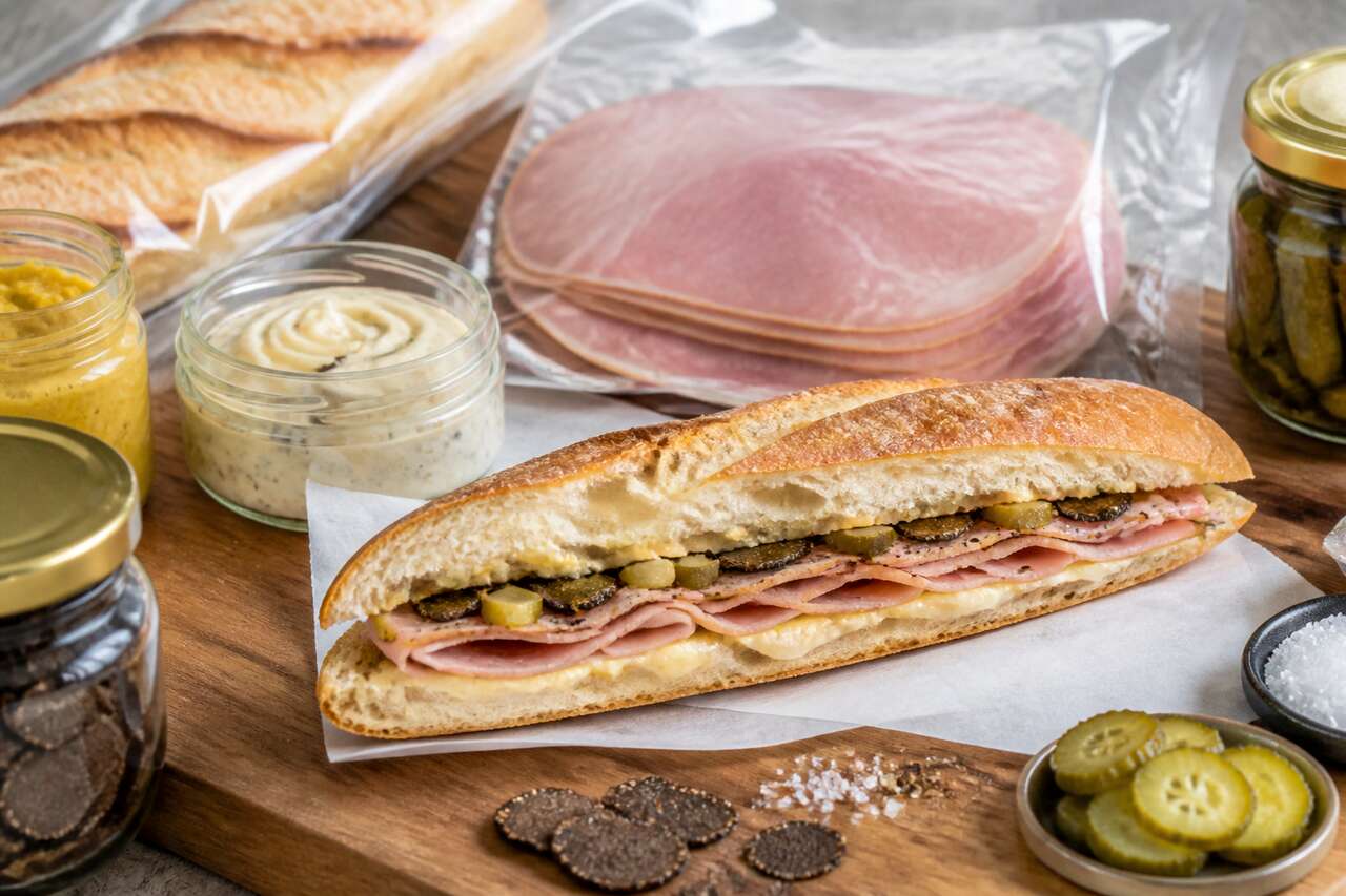 Sandwich baguette jambon-beurre à la truffe fraîche et cornichons croquants, la star du pique-nique