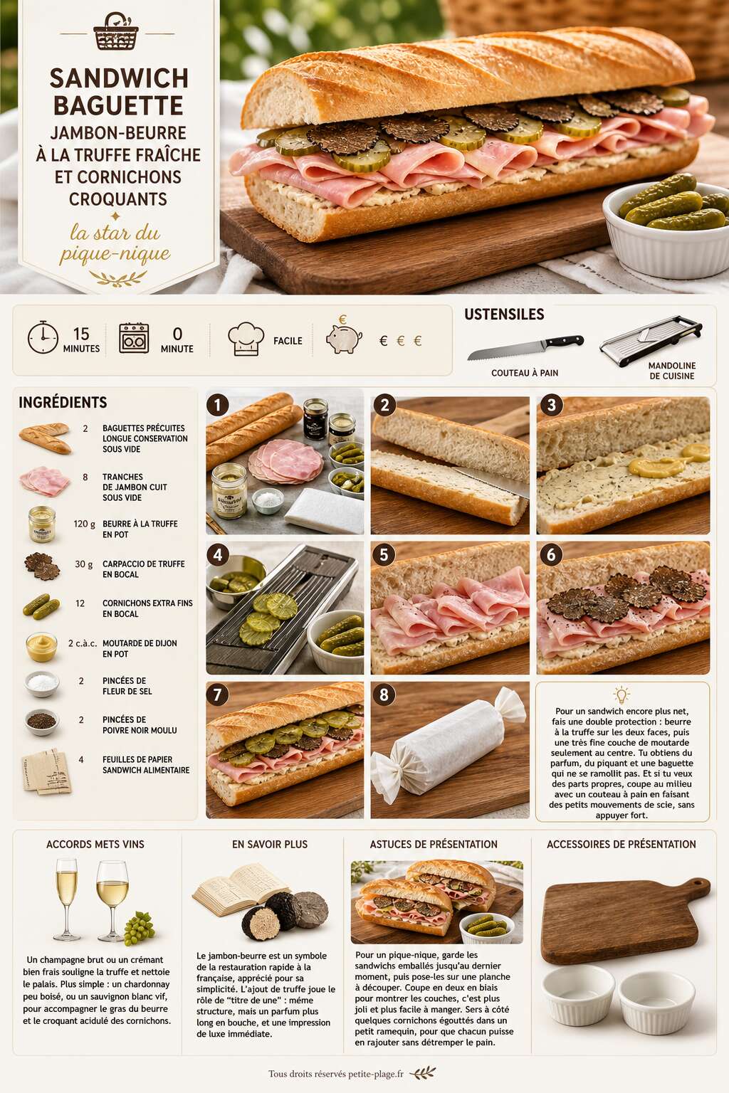 Fiche recette Sandwich baguette jambon-beurre &agrave; la truffe fra&icirc;che et cornichons croquants, la star du pique-nique