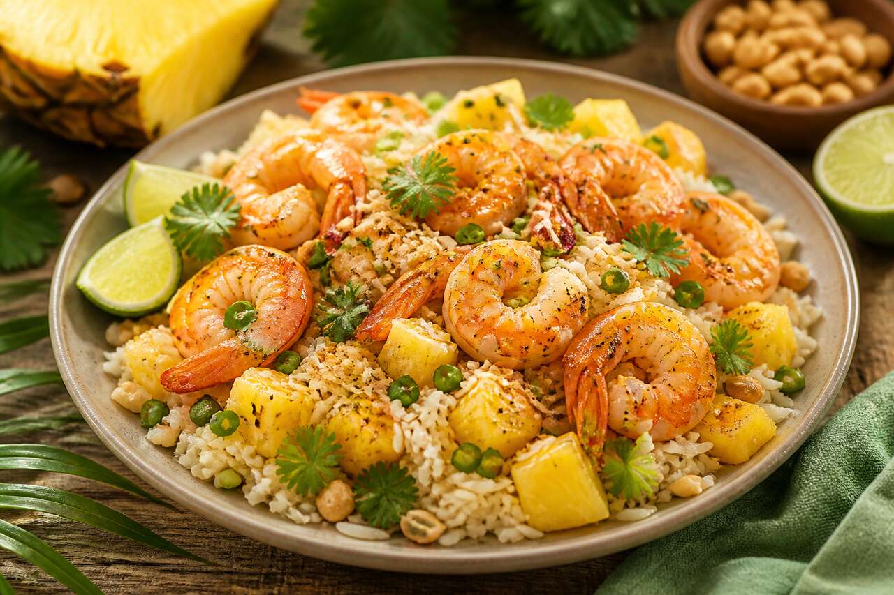 Salade de riz exotique à l'ananas et crevettes marinées pour un pique-nique fraîcheur