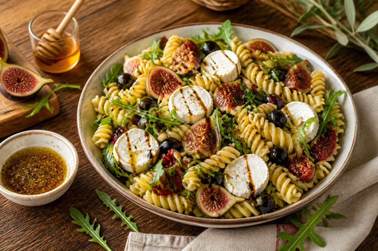 Salade de pâtes méditerranéenne aux figues et au fromage de chèvre spécial pique-nique