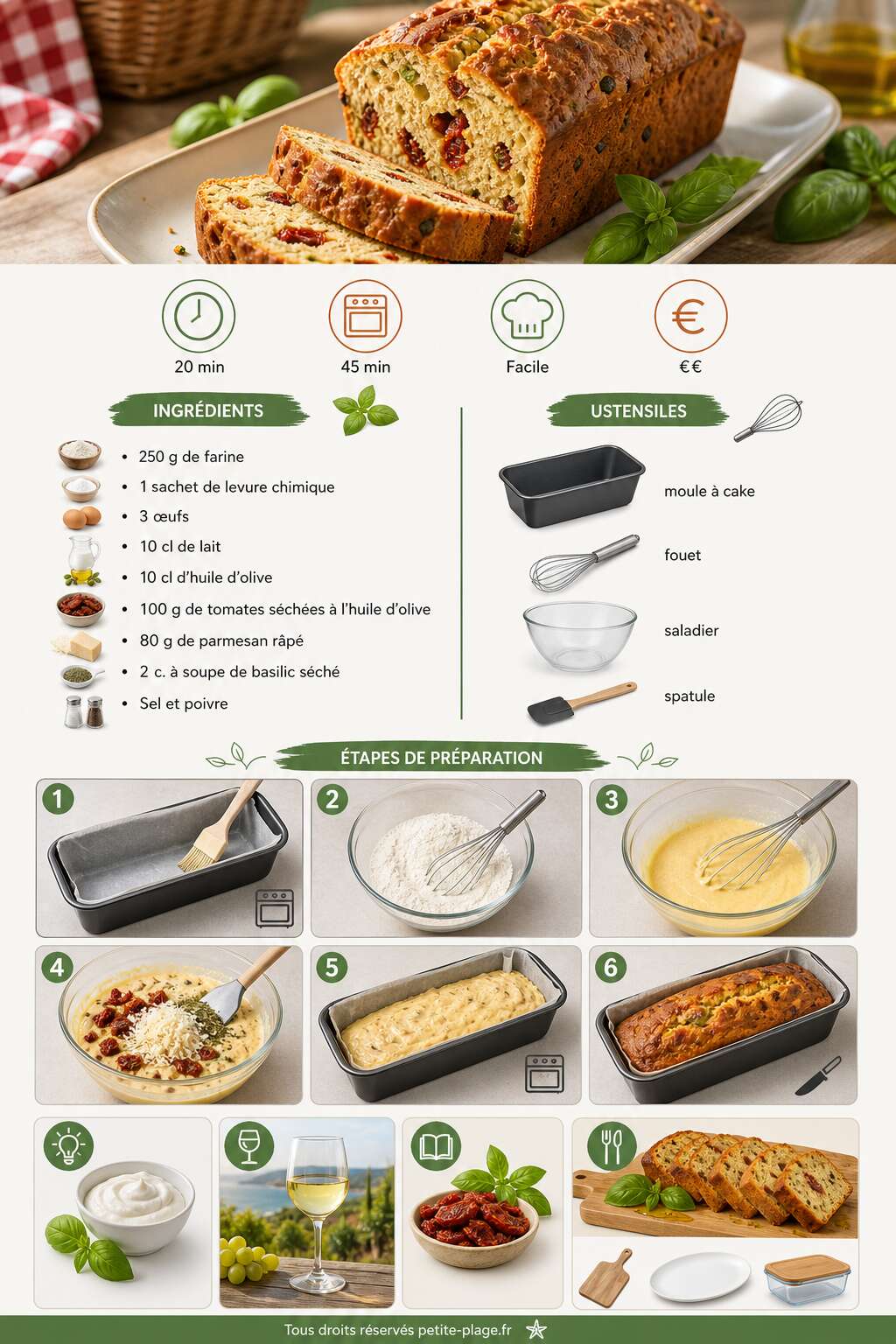 Fiche recette Cake sal&eacute; aux tomates s&eacute;ch&eacute;es et basilic frais, l'indispensable du pique-nique