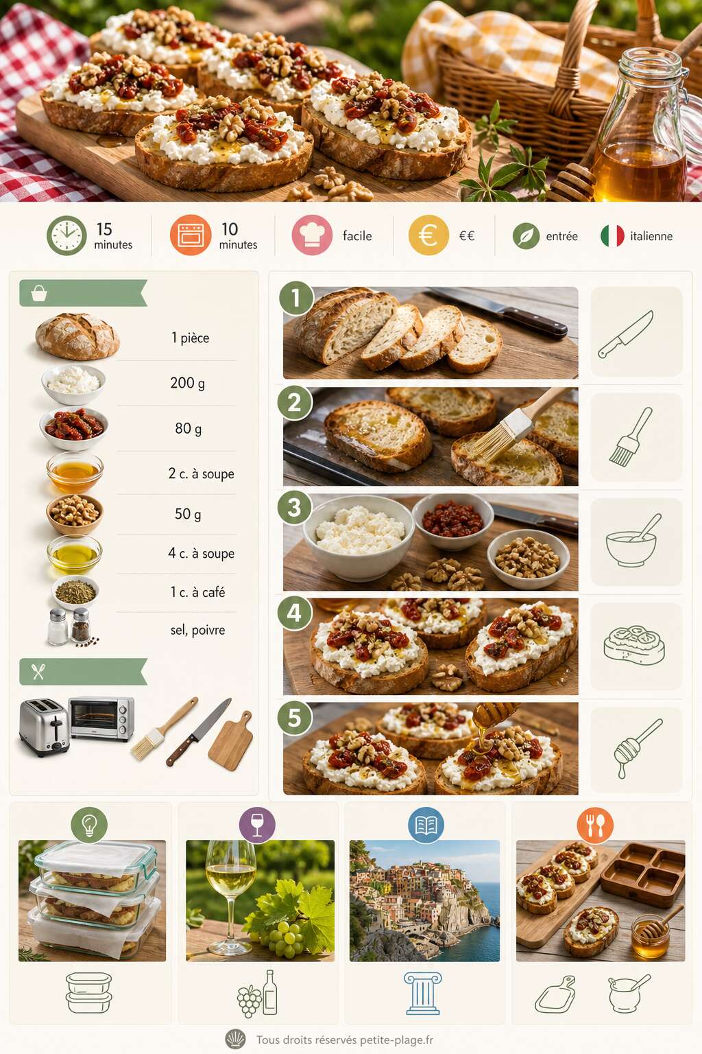 Fiche recette Bruschettas gourmandes au chèvre frais à partager en pique-nique Fiche recette Bruschettas gourmandes au chèvre frais à partager en pique-nique