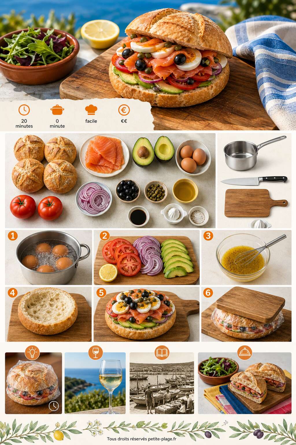 Fiche recette Pan bagnat de pique-nique revisit&eacute; au saumon fum&eacute; et avocat