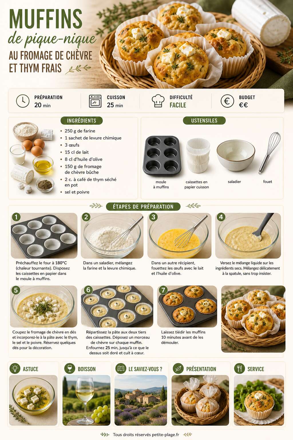 Fiche recette Muffins de pique-nique au fromage de ch&egrave;vre et thym frais