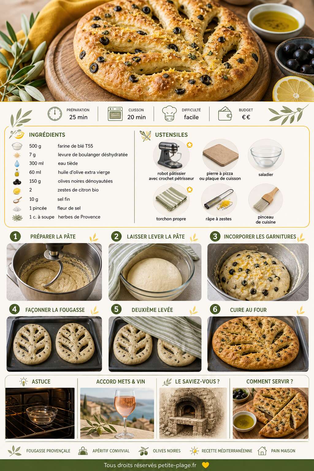 Fiche recette Fougasse aux olives et zestes de citron : une note ensoleillée pour vos pique-niques et apéritifs Fiche recette Fougasse aux olives et zestes de citron : une note ensoleillée pour vos pique-niques et apéritifs