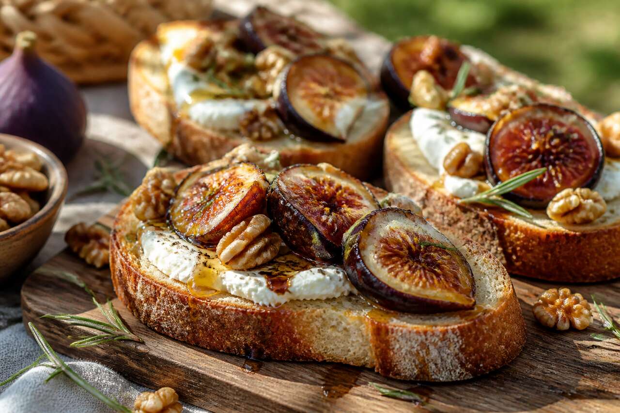 Bruschetta de pique-nique aux figues rôties et fromage de chèvre crémeux