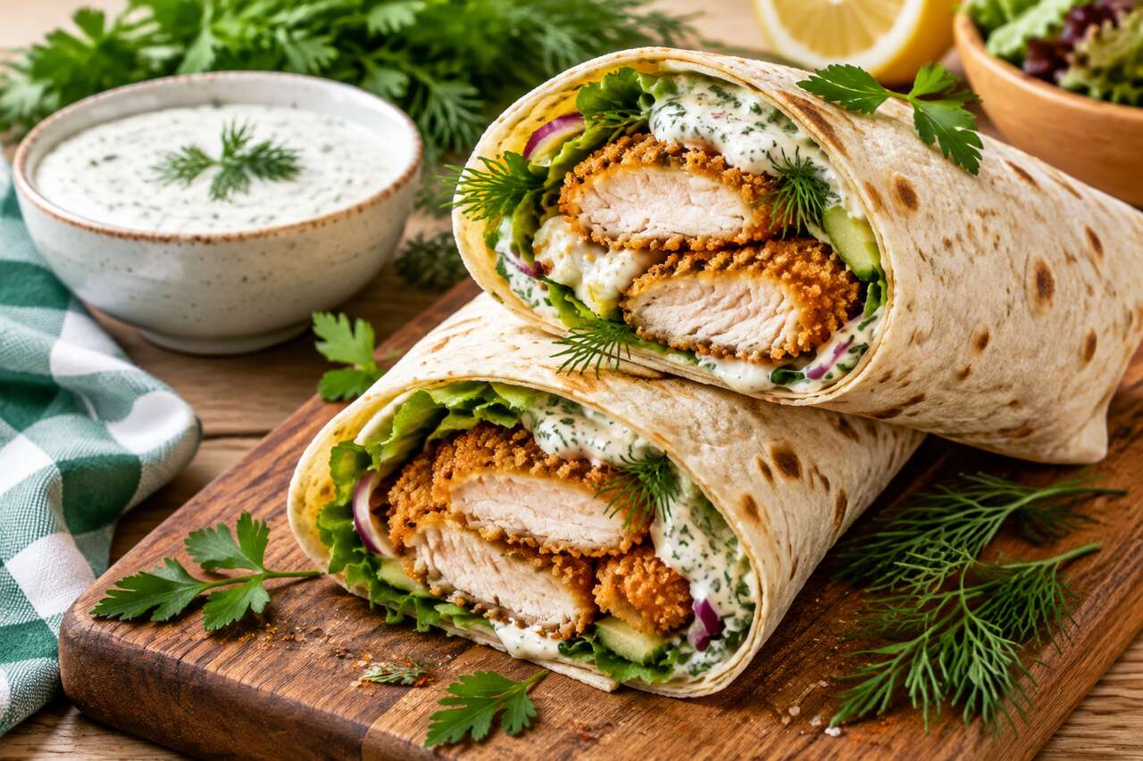 Wrap de pique-nique au poulet croustillant et sauce aux herbes fraîches
