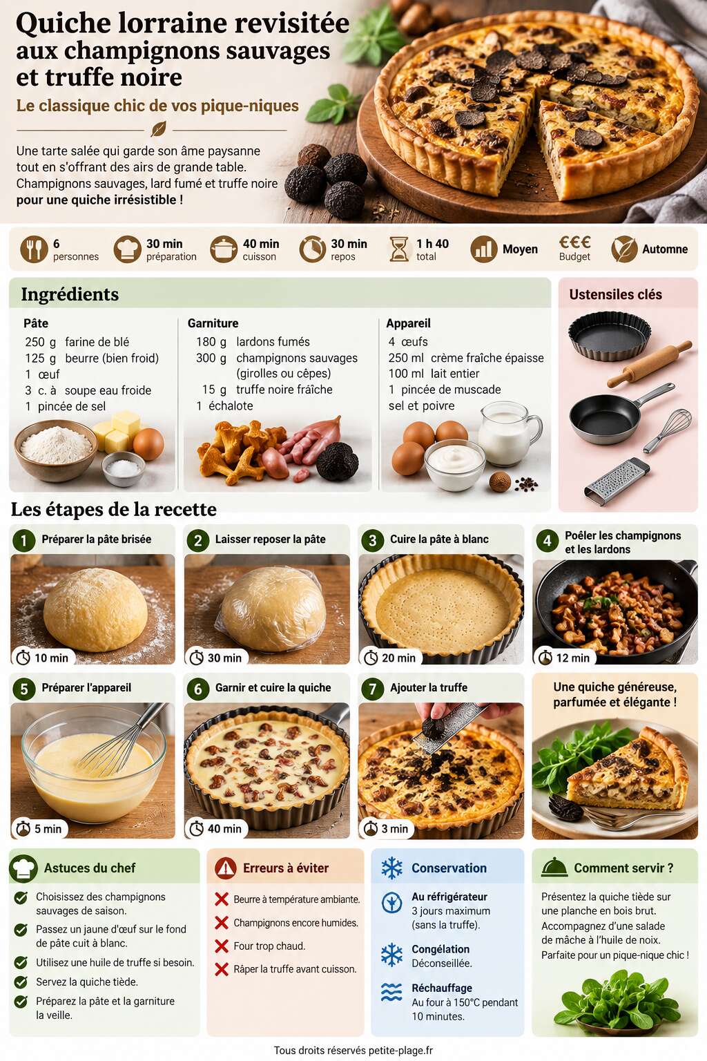 Fiche recette Quiche lorraine revisitée aux champignons sauvages et truffe noire : le classique chic de vos pique-niques Fiche recette Quiche lorraine revisitée aux champignons sauvages et truffe noire : le classique chic de vos pique-niques